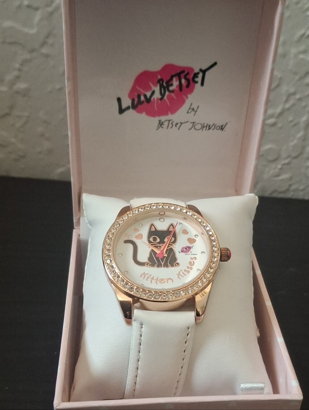 Betsey Johnson White Leather Watch with Rose Gold Case and Kitten Dial